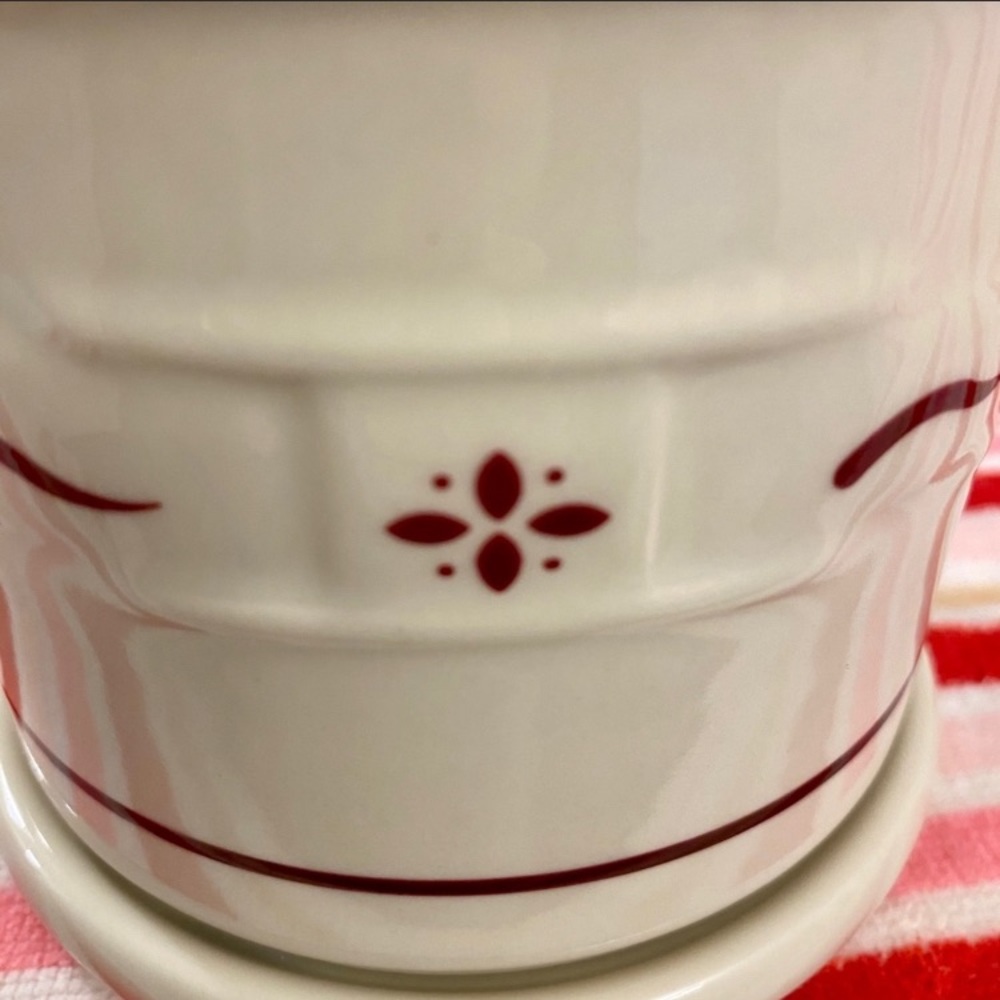 Longaberger Cream Ceramic 1 Pint Crock Red Trim Matching Lid Collectible - Picture 4 of 6
